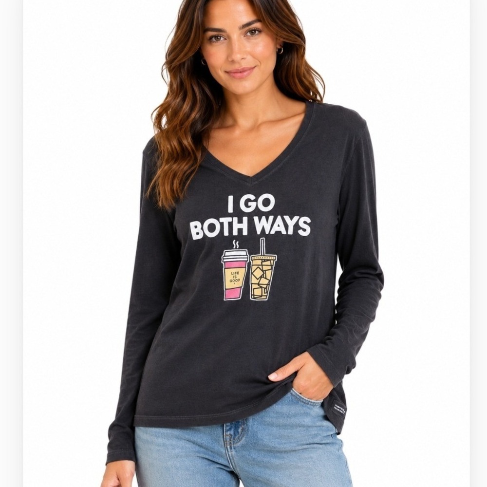 Life is Good Crusher Tee Medium Black I Go Both Ways Coffee‎ Long Sleeve